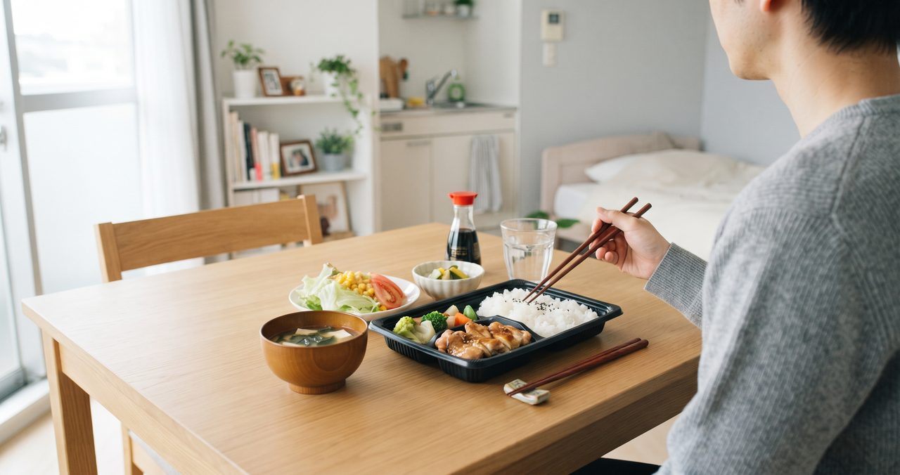 単身赴任先のワンルームのテーブルに、電子レンジで温めた惣菜とコンビニ弁当が並んだ簡単な食事の様子