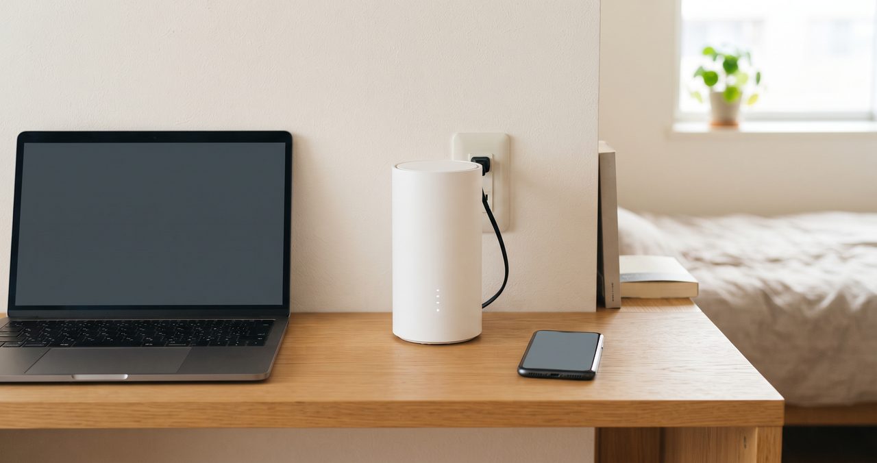 単身赴任先の部屋の棚に置かれた据え置き型Wi-Fiルーターと、隣にあるノートパソコンの様子