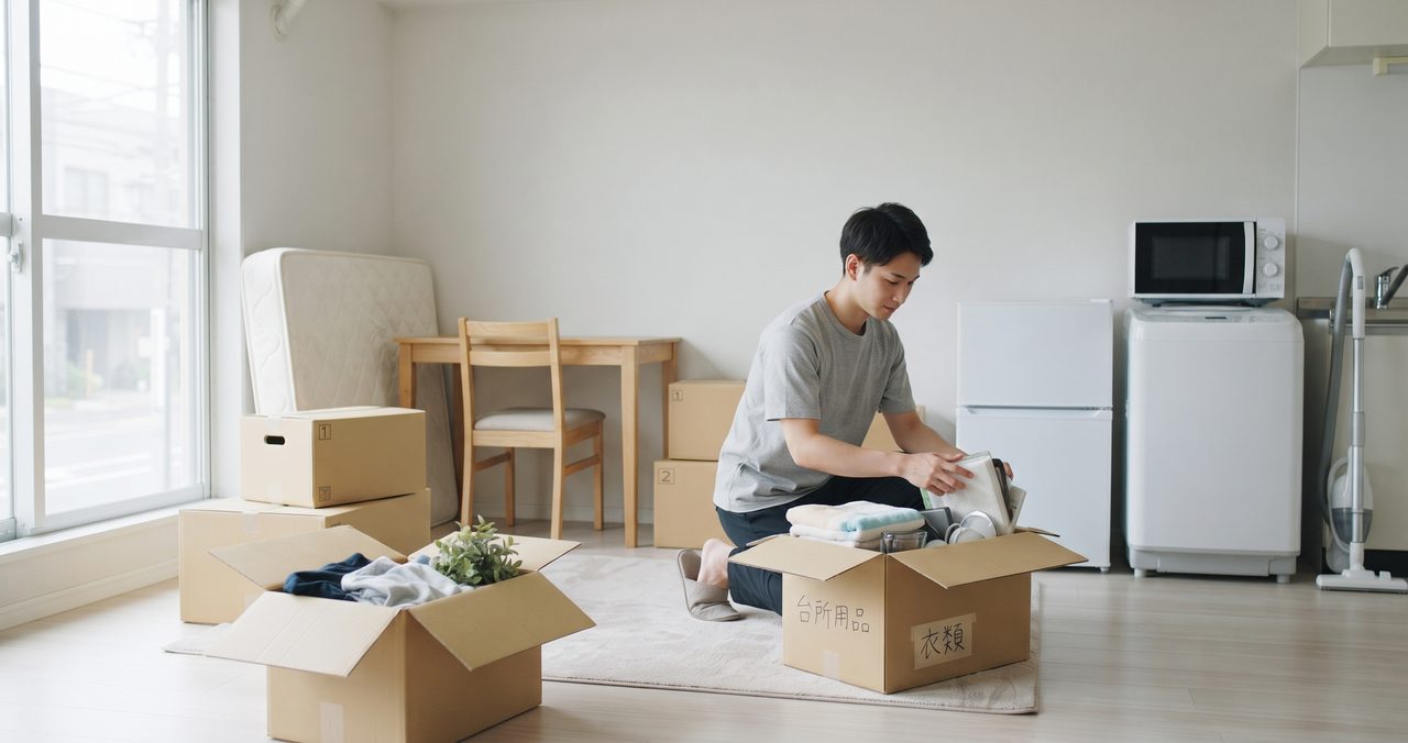 段ボール箱と冷蔵庫、洗濯機、電子レンジのある引っ越したばかりの部屋で荷ほどきをする男性
