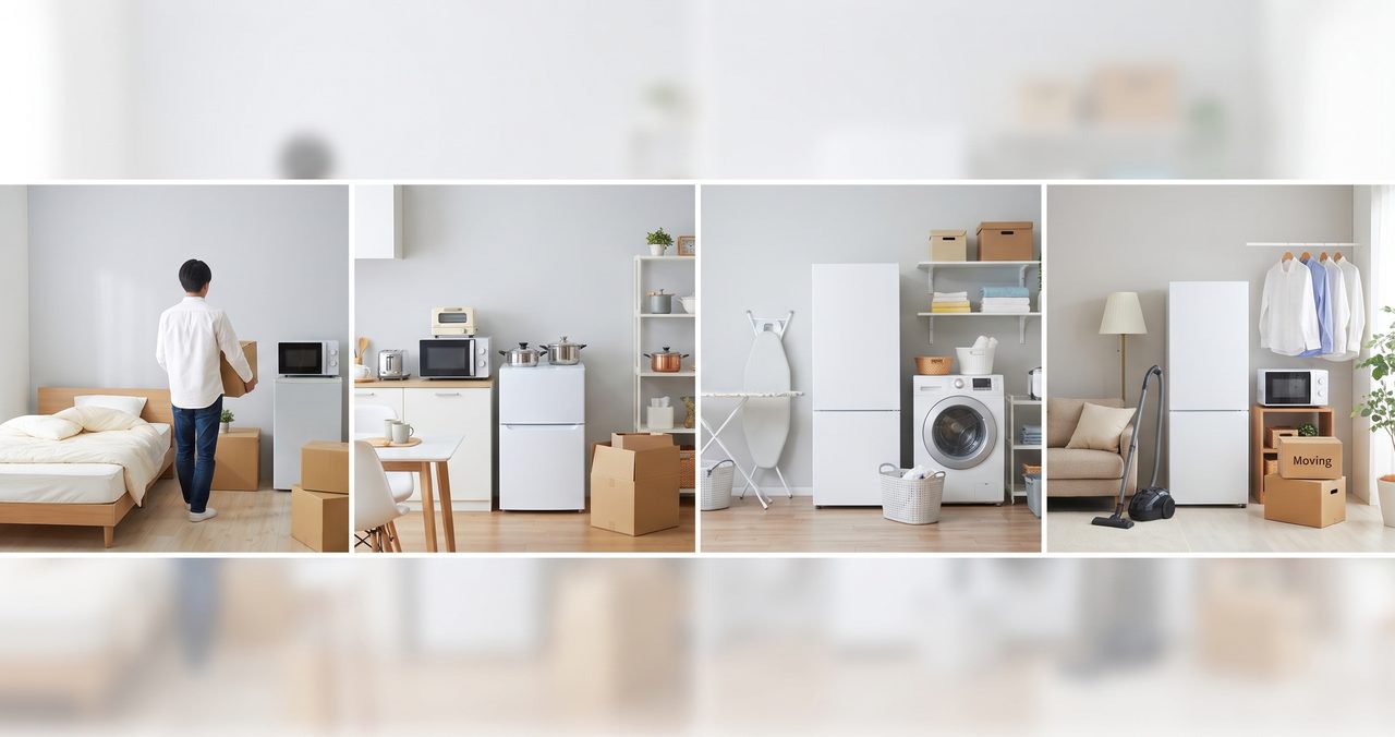 ベッドの部屋、キッチン、洗濯機の置き場、ハンガーラックのある部屋の4コマを並べた、単身赴任の暮らしの比較イメージ