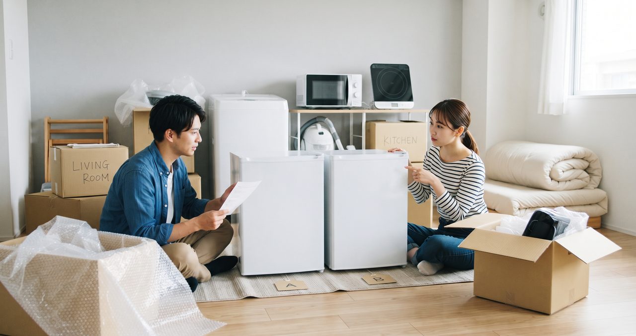 冷蔵庫や洗濯機の前で、書類を見ながら荷物を整理する男女と、緩衝材と段ボール箱