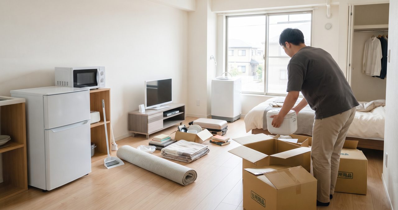 部屋に敷く布団を段ボールから出して整える男性と、冷蔵庫、テレビ台、丸めたラグ