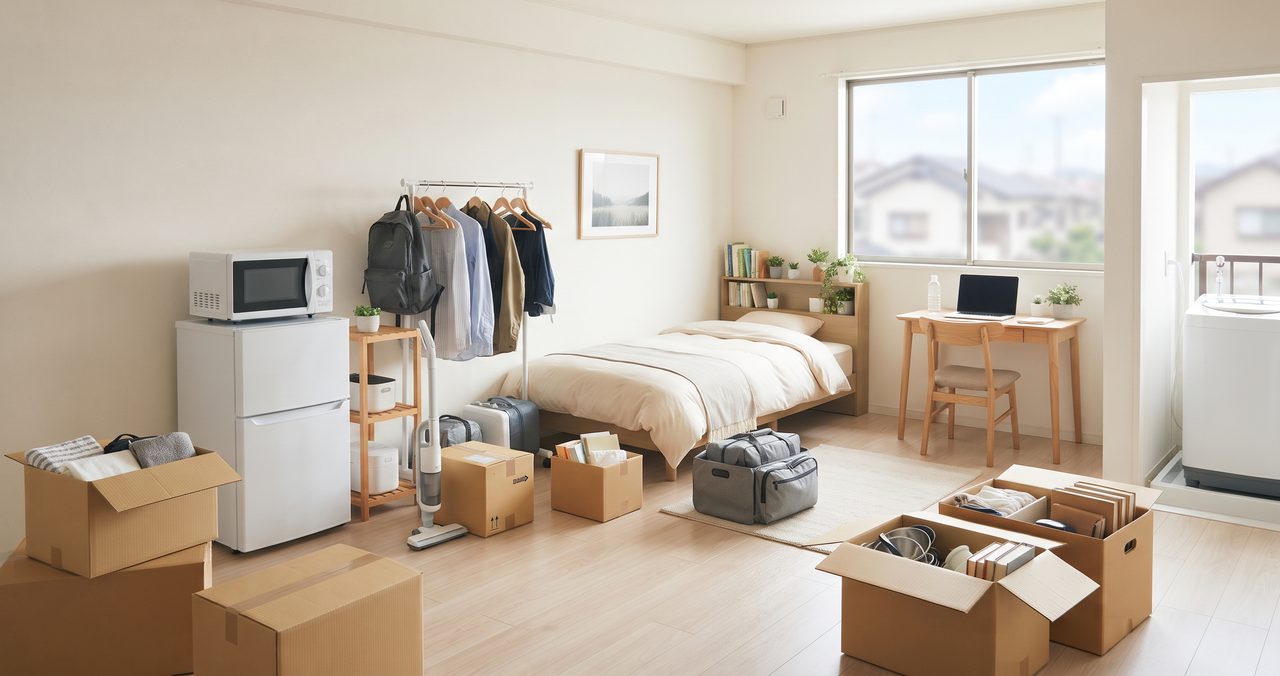 冷蔵庫や電子レンジ、ベッド、ハンガーラックが並ぶ部屋と、床の段ボール箱と鞄