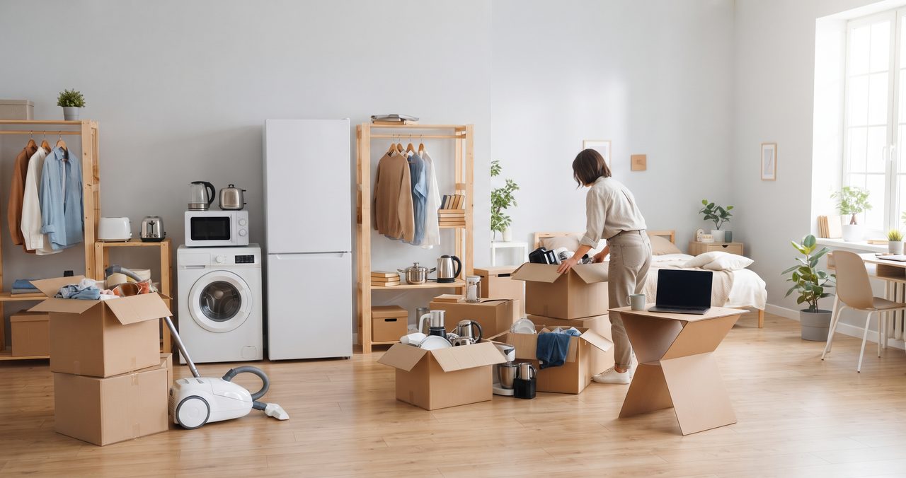 洗濯機や冷蔵庫、ハンガーラックのある部屋で、段ボールを開けてパソコンを置く女性