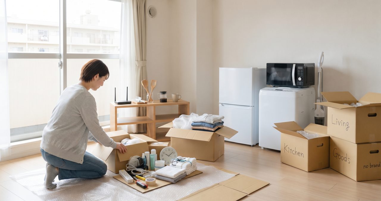 窓辺で、床にビニールを敷いて段ボールから日用品を取り出して整理する人