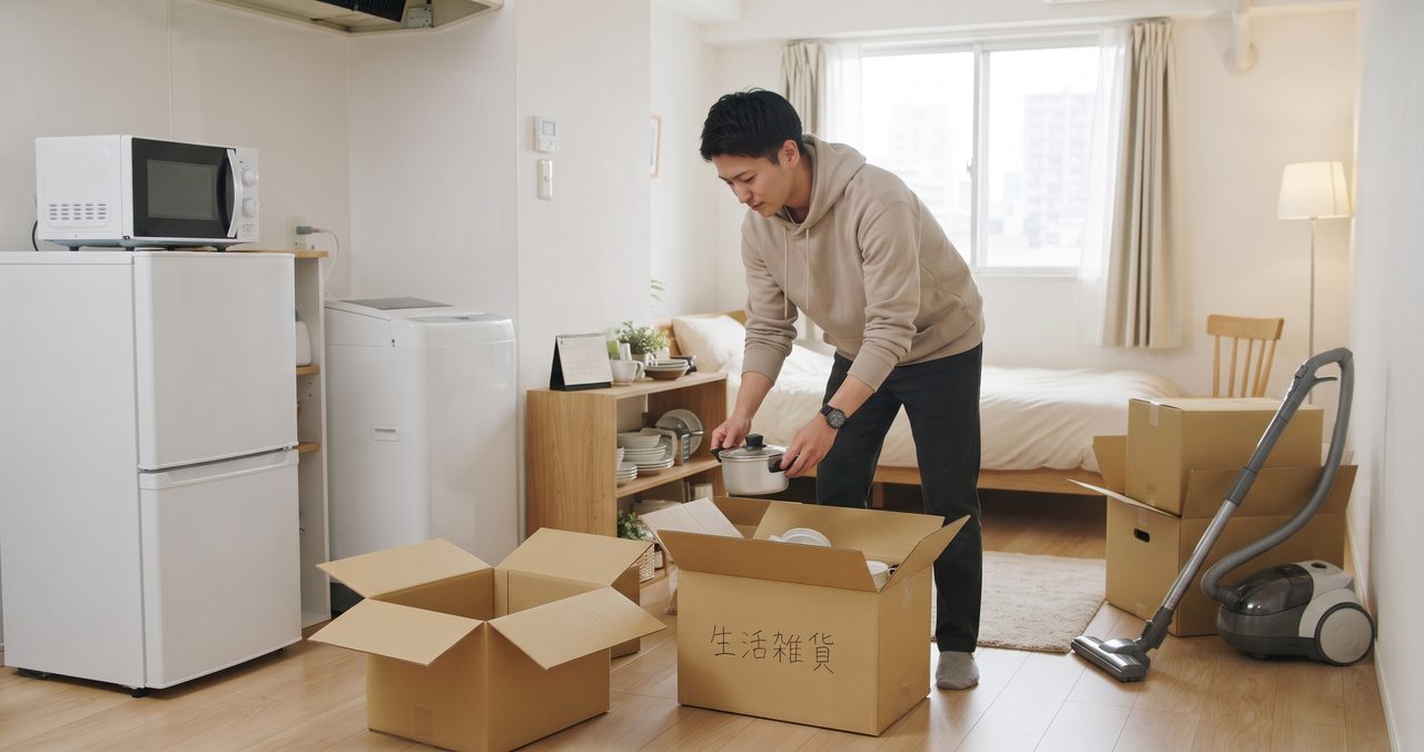 冷蔵庫と電子レンジの前で、生活雑貨の段ボールを開けて荷物を出す男性と、掃除機