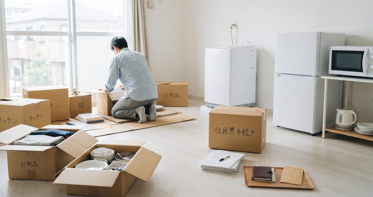 住民票の手続きの書類が入ったと思われる段箱の前で、荷物を整理して座る男性