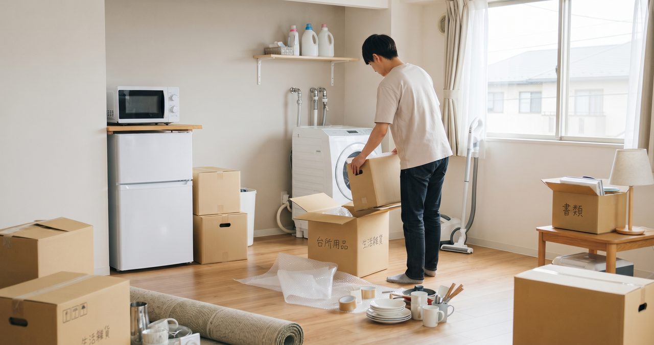 洗濯機や冷蔵庫の前で、段ボール箱から荷物を取り出す男性