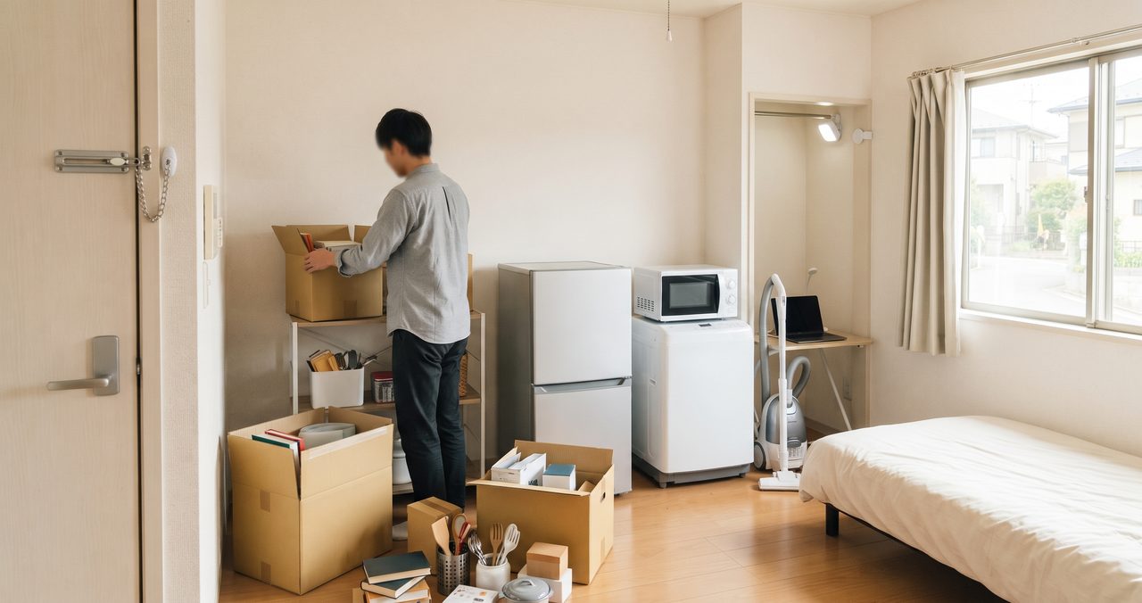 玄関ドアの近くで、段ボールから荷物を出す男性と、冷蔵庫や電子レンジのある部屋