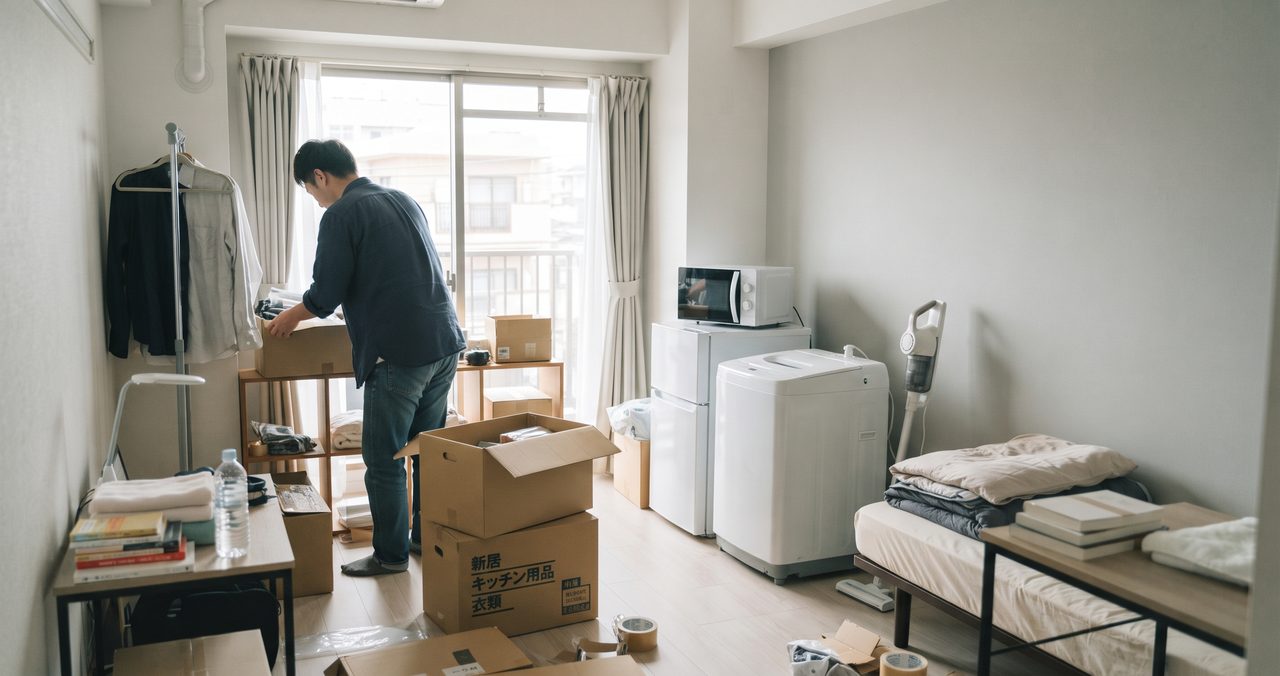 窓辺のカーテンの前で、荷物を段ボールから出す男性と、冷蔵庫、洗濯機、ベッドのある部屋
