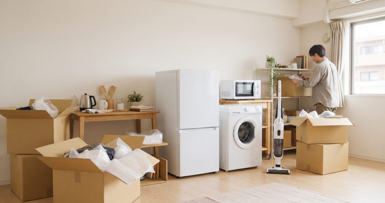 冷蔵庫、洗濯機、電子レンジと緩衝材の入った段ボールが置かれた部屋で、棚の前に立つ男性