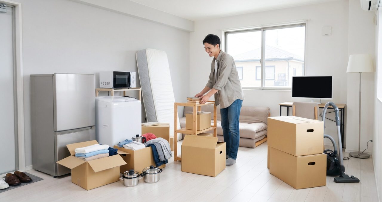 冷蔵庫、洗濯機、立てかけたマットレスのある部屋で、荷物を整える男性と段ボール