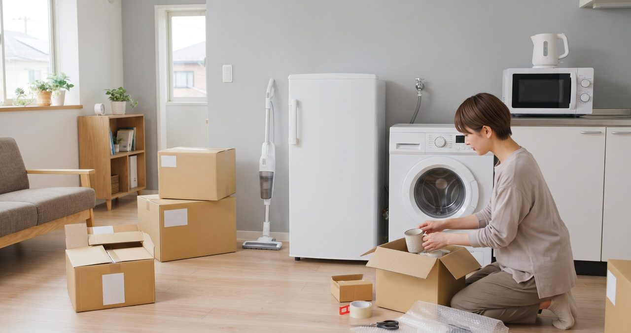 洗濯機と冷蔵庫のあるキッチンの前で、段ボールから荷物を取り出す女性