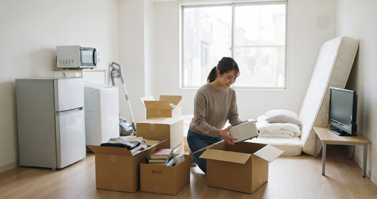 冷蔵庫、立てかけたマットレス、テレビのある部屋で、段ボールを開ける女性