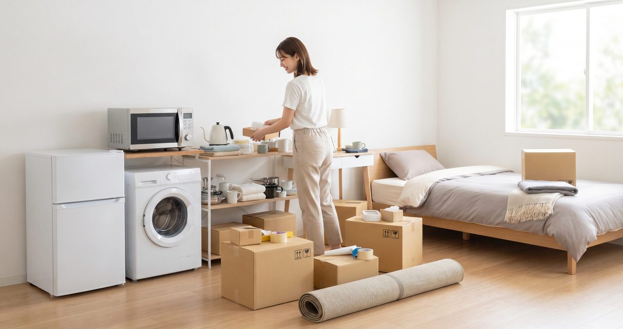 冷蔵庫、洗濯機、ベッドのある部屋で、電子レンジやポットを整える女性と丸めたラグ