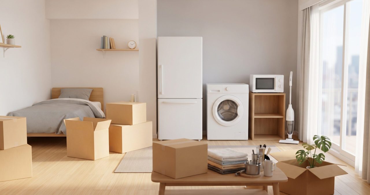 ベッドや冷蔵庫、洗濯機、段ボール箱がある、家電が最小限そろった人のいない部屋
