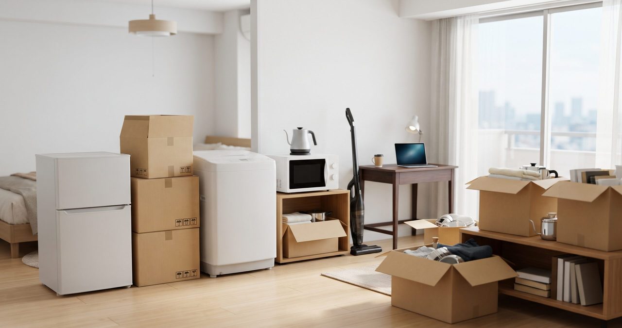 冷蔵庫、洗濯機、机、段ボール箱が置かれた、荷物を運び込んだ直後の人のいない部屋