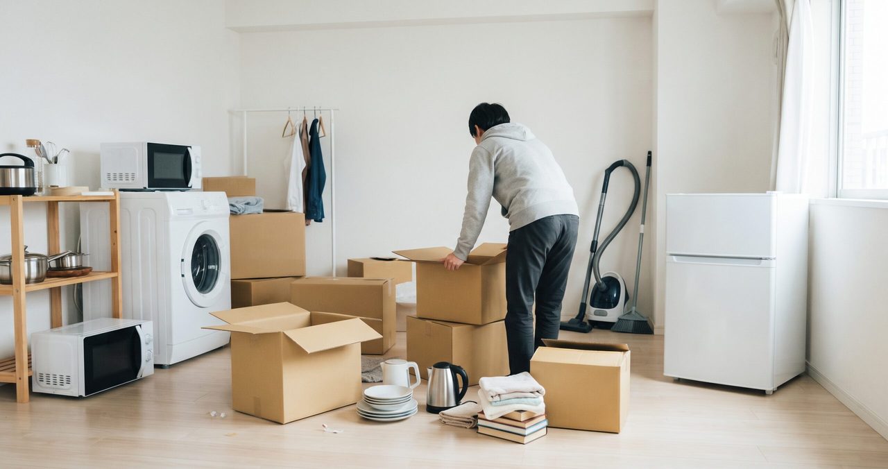 洗濯機や電子レンジ、掃除機のある部屋で、段ボールの荷物を整理する男性