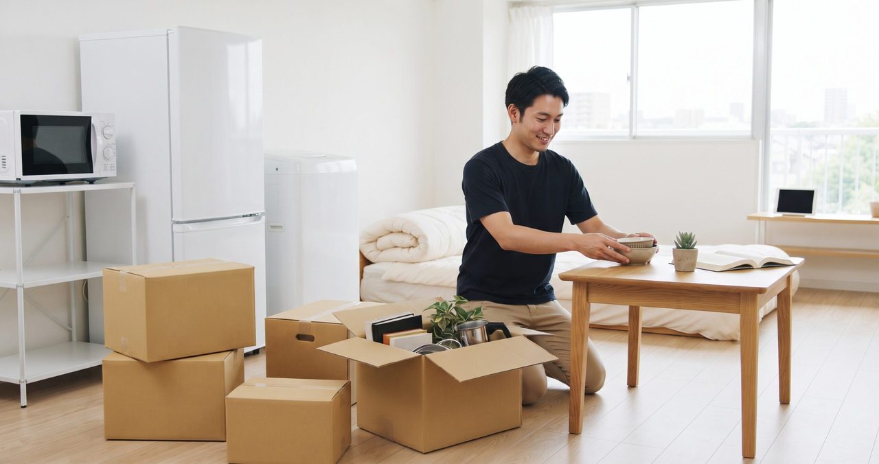 ローテーブルの前で、段ボールから荷物を取り出す男性と、冷蔵庫、電子レンジ、棚のある部屋