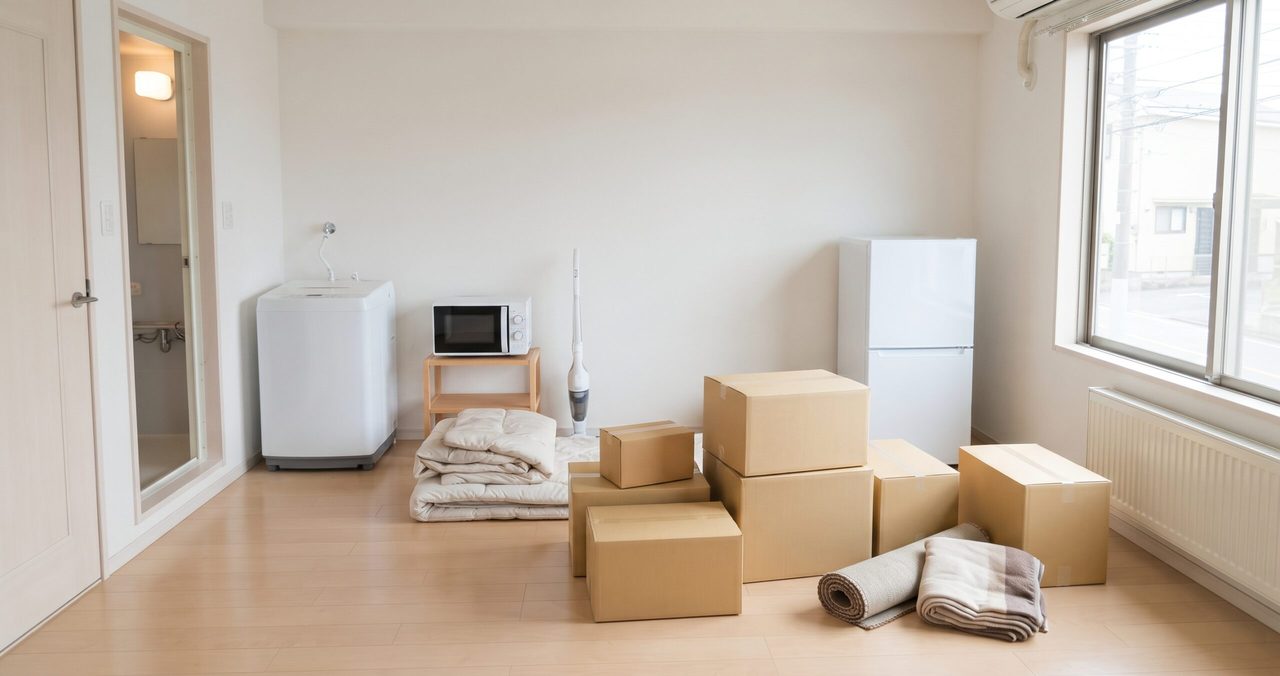 洗濯機、冷蔵庫、電子レンジ、積み上げた段ボール箱があるだけの、人のいないがらんとした部屋