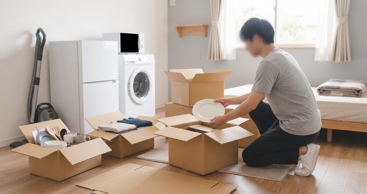 冷蔵庫と洗濯機の前で、段ボールから食器を取り出す男性と、掃除機