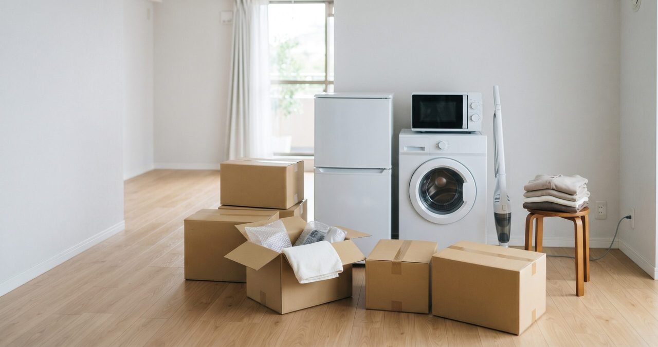 冷蔵庫と洗濯機のそばに、開いた段ボールと積まれた荷物が置かれた、人のいない部屋