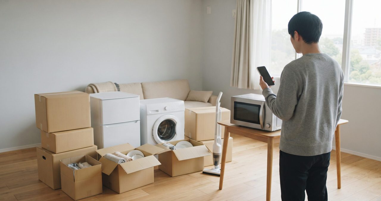 スマホを見ながら、段ボールと冷蔵庫・洗濯機・電子レンジの前で費用を考える男性