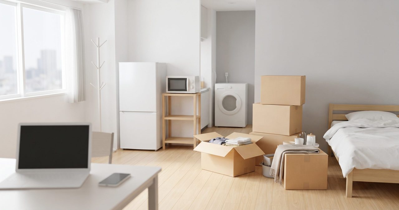 机のノートパソコンの奥に、冷蔵庫、洗濯機、ベッド、段ボール箱が見える部屋