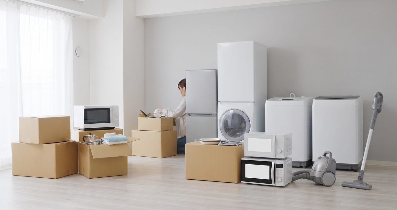 冷蔵庫、洗濯機、電子レンジ、掃除機などの家電が複数台並んだ部屋と、段ボール箱
