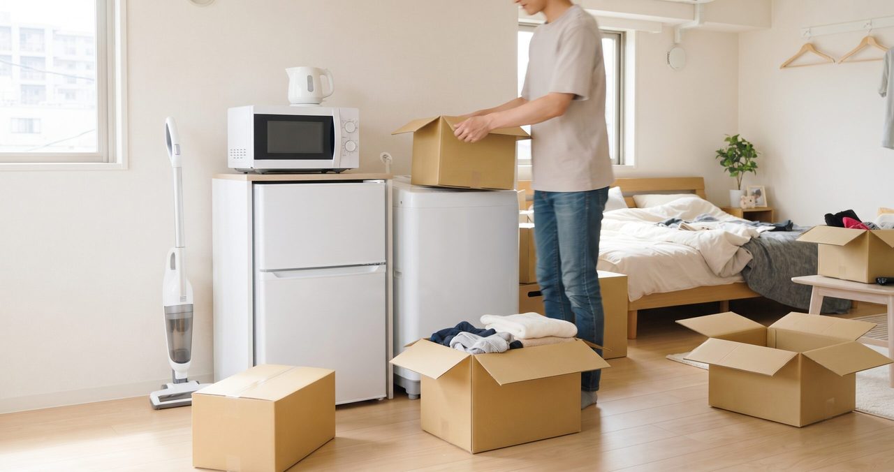 ベッドのある部屋で、冷蔵庫の上の段ボールを下ろす男性と、電子レンジ、掃除機
