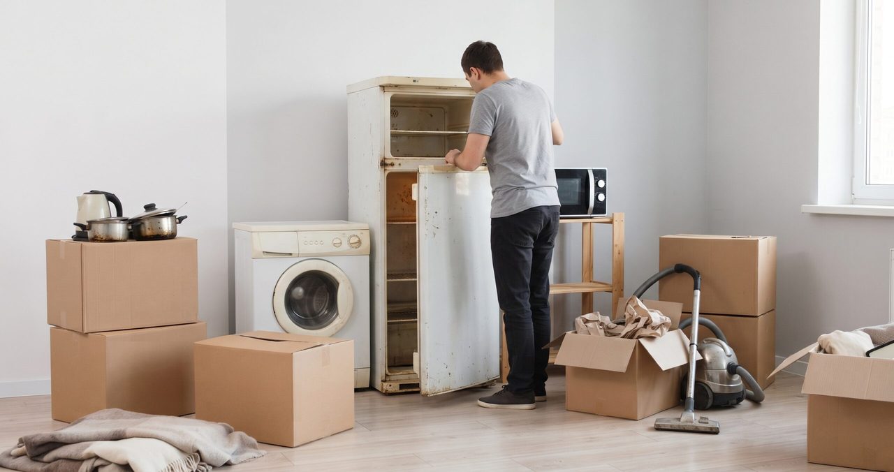 古い冷蔵庫の扉を開けて中を確かめる男性と、洗濯機、段ボール、掃除機