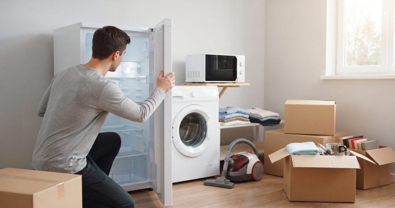 冷蔵庫の扉を開けて中を確認する男性と、洗濯機、電子レンジ、掃除機のある部屋