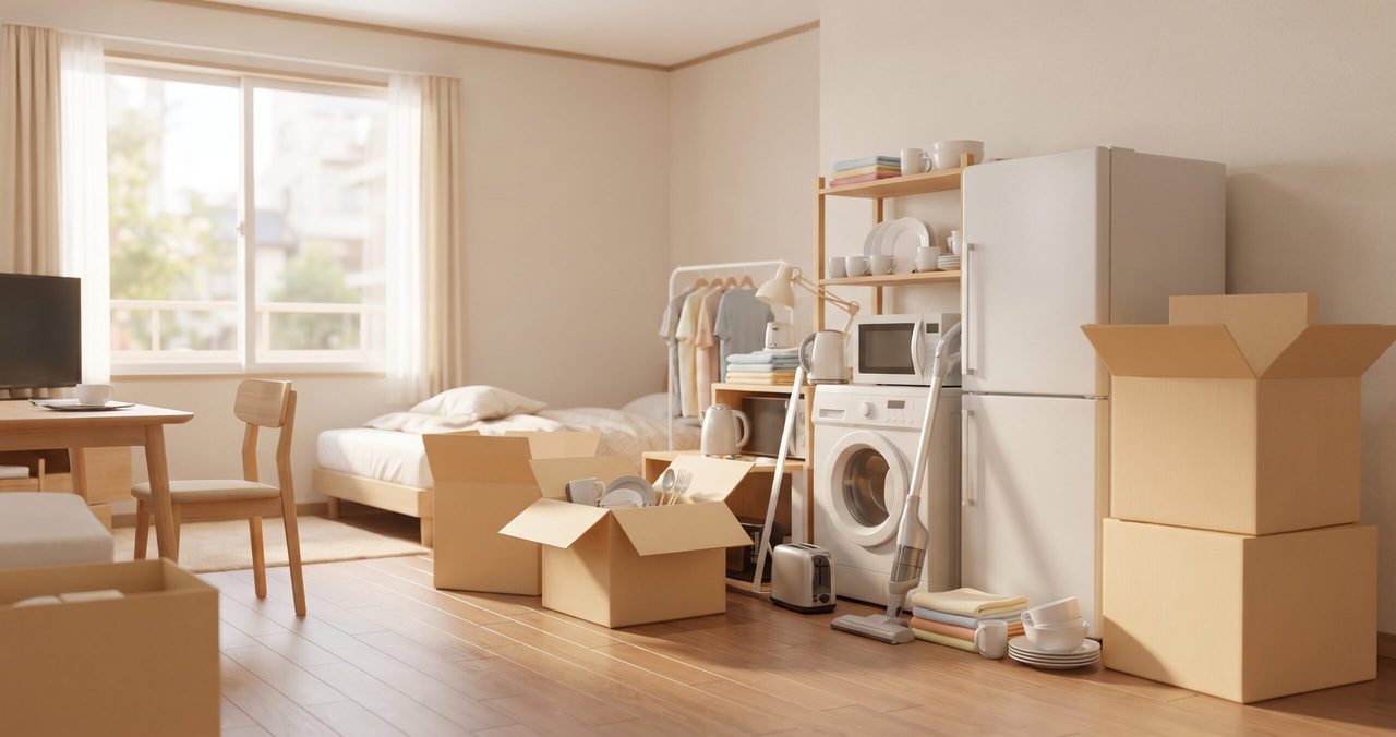 窓辺の部屋に、冷蔵庫、洗濯機、棚、ベッド、段ボール箱が置かれた様子