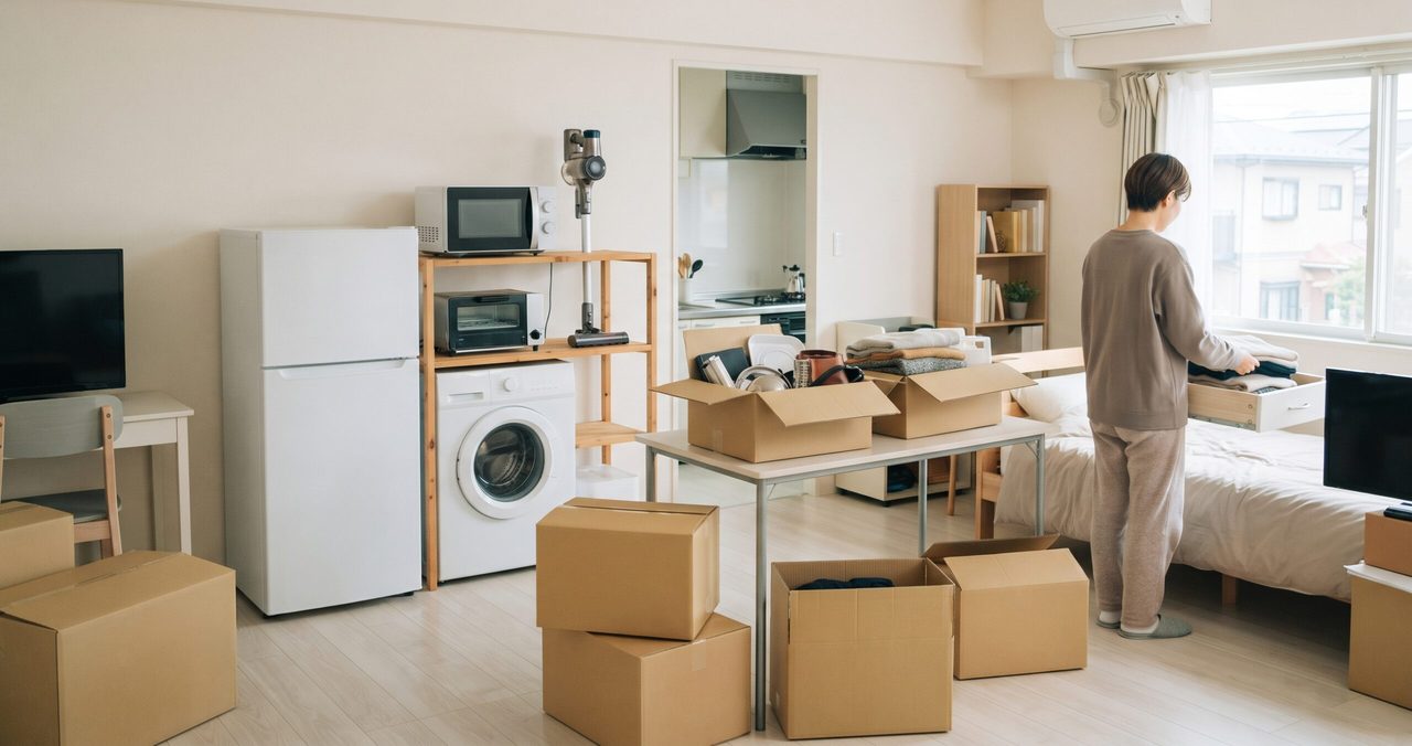冷蔵庫、洗濯機、電子レンジのある部屋の、段ボールが積まれた机の前で荷物を取り出す男性