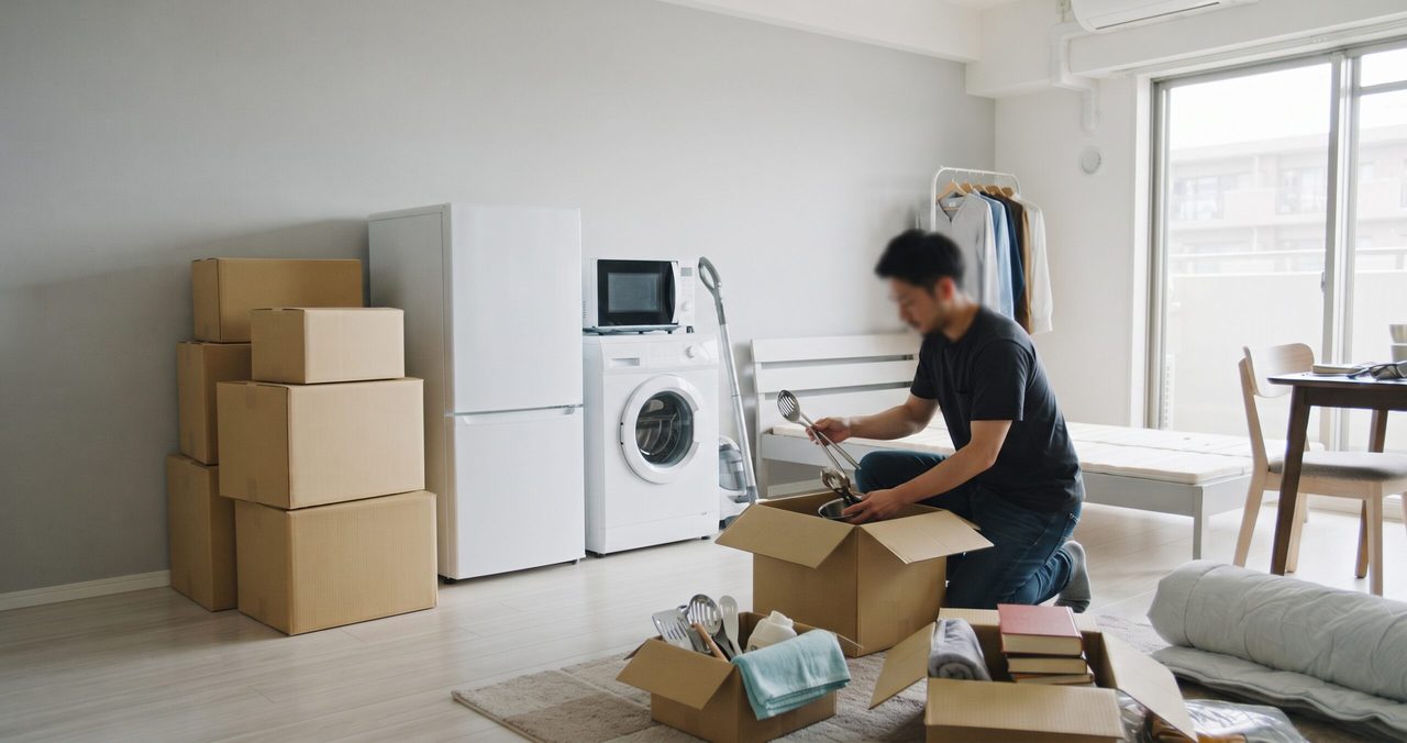 冷蔵庫と洗濯機の前で、段ボールから荷物を出して整理する男性