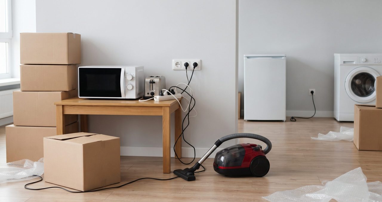 机の上の電子レンジと、床に置かれた赤い掃除機、奥の小型冷蔵庫と洗濯機、積まれた段ボール