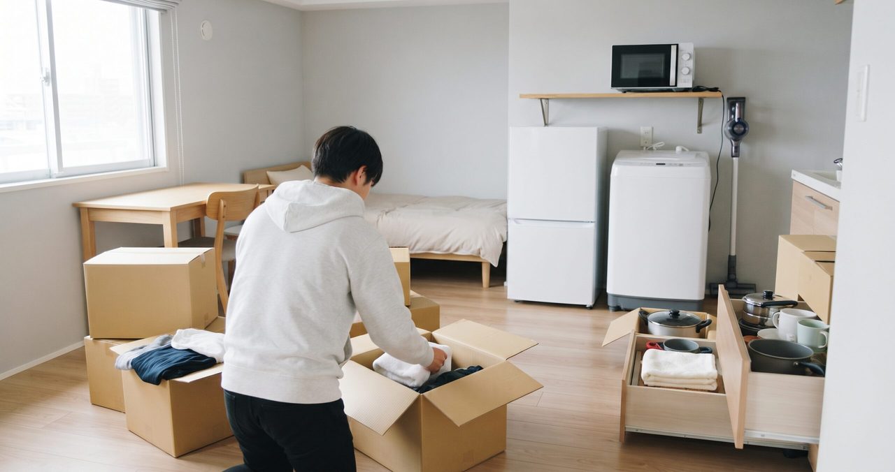 段ボールを開けて荷物を出す男性と、奥の冷蔵庫と洗濯機、床に置かれた鍋などの調理器具