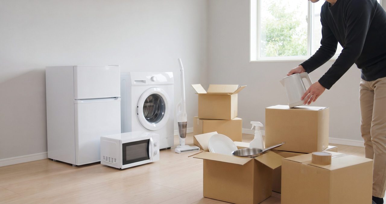 冷蔵庫、洗濯機、電子レンジのそばで、段ボール箱から荷物を取り出す男性