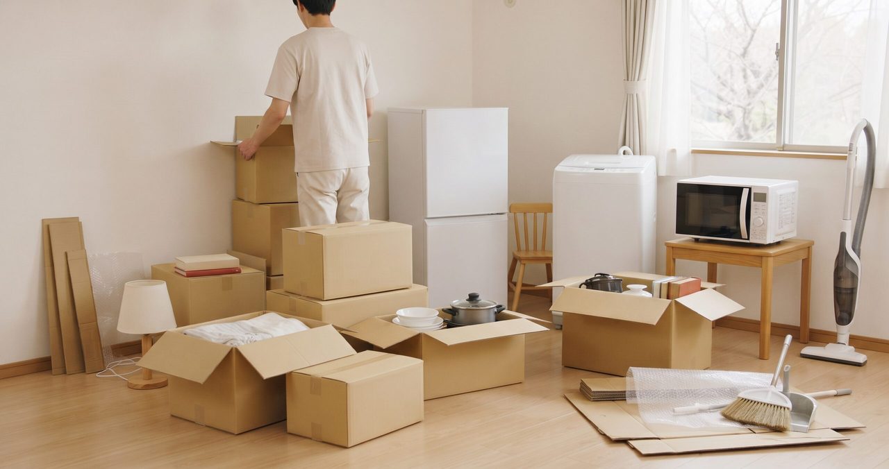 積み上げた段ボール箱の前で荷物を整理する男性と、掃除機、冷蔵庫、洗濯機