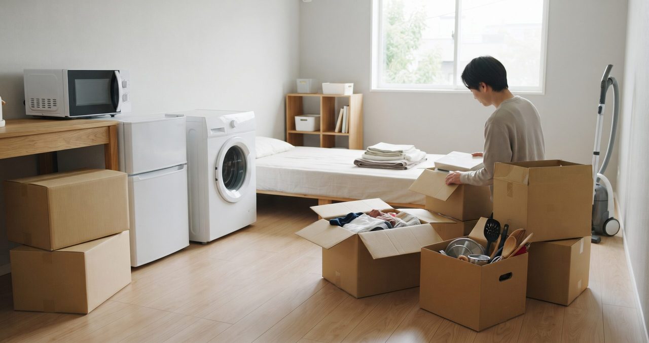 ベッドの上で作業する男性と、冷蔵庫、洗濯機、段ボールのある部屋