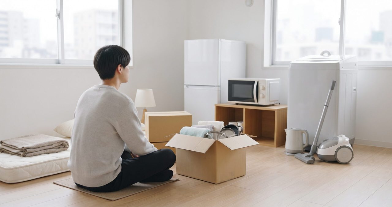 床に座って段ボールの荷物を前に考える男性と、冷蔵庫、洗濯機、掃除機のある部屋
