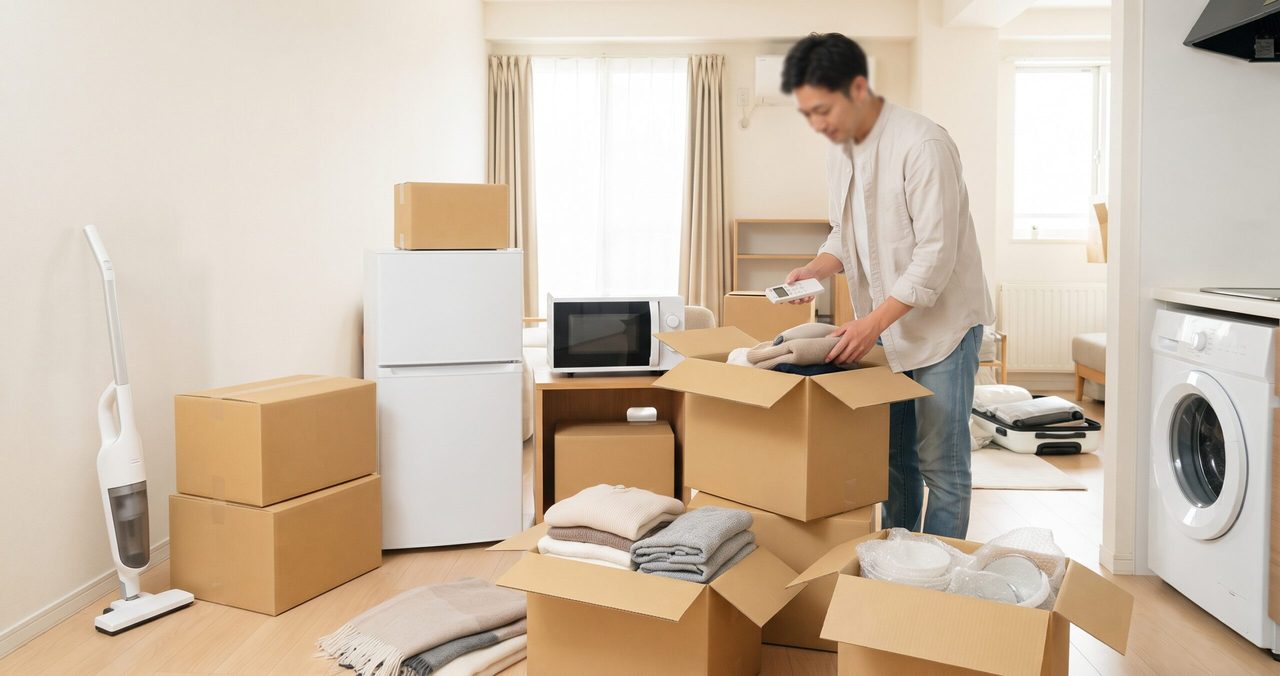 冷蔵庫と洗濯機、掃除機のある部屋で、段ボールの荷物を整理する男性