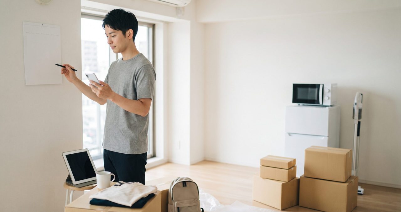 スマホとペンを持ち、赴任期間の見込みをメモしている男性と、段ボールや家電のある部屋