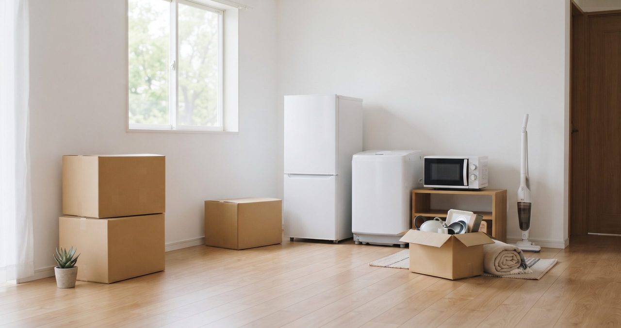 冷蔵庫、洗濯機、段ボール箱が置かれた、人のいない広い部屋