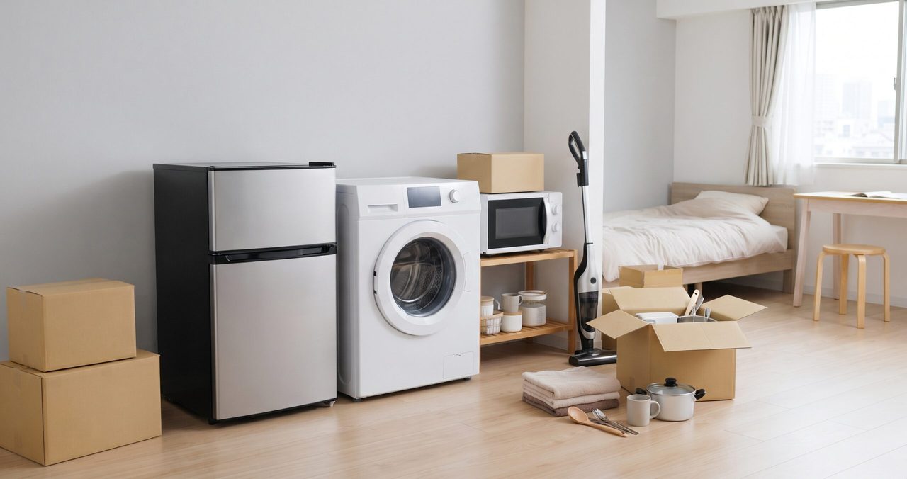 冷蔵庫、洗濯機、ベッド、段ボール箱が置かれた、人のいない部屋