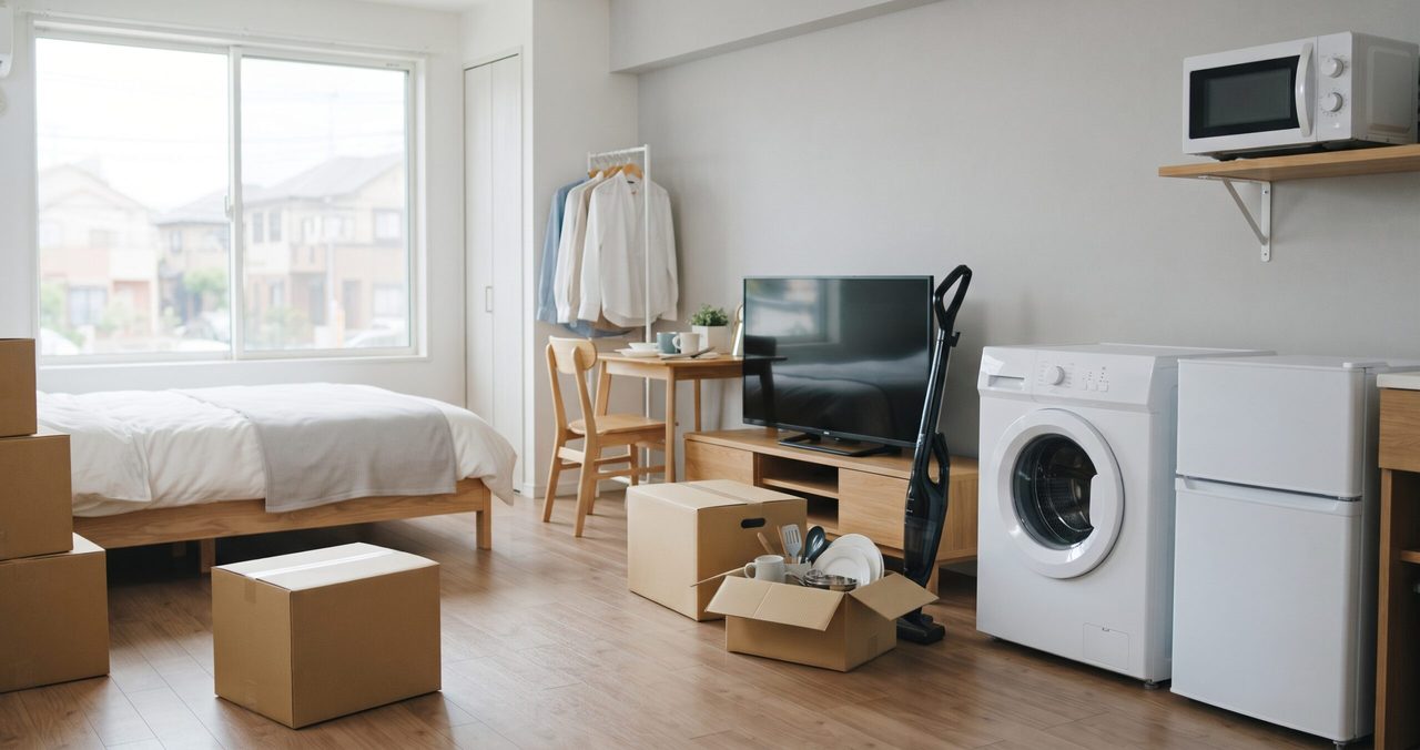 ベッド、テレビ、洗濯機、冷蔵庫が置かれた、窓辺の人のいない部屋