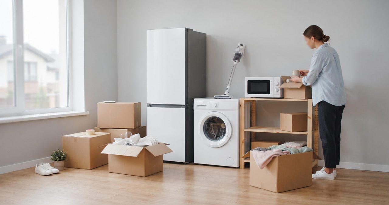冷蔵庫、洗濯機、電子レンジのある部屋で、棚の前に立つ女性と、段ボール箱