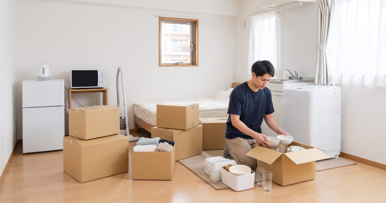 ベッドの部屋で、段ボールから食器を取り出す男性と、奥の小型冷蔵庫、洗濯機