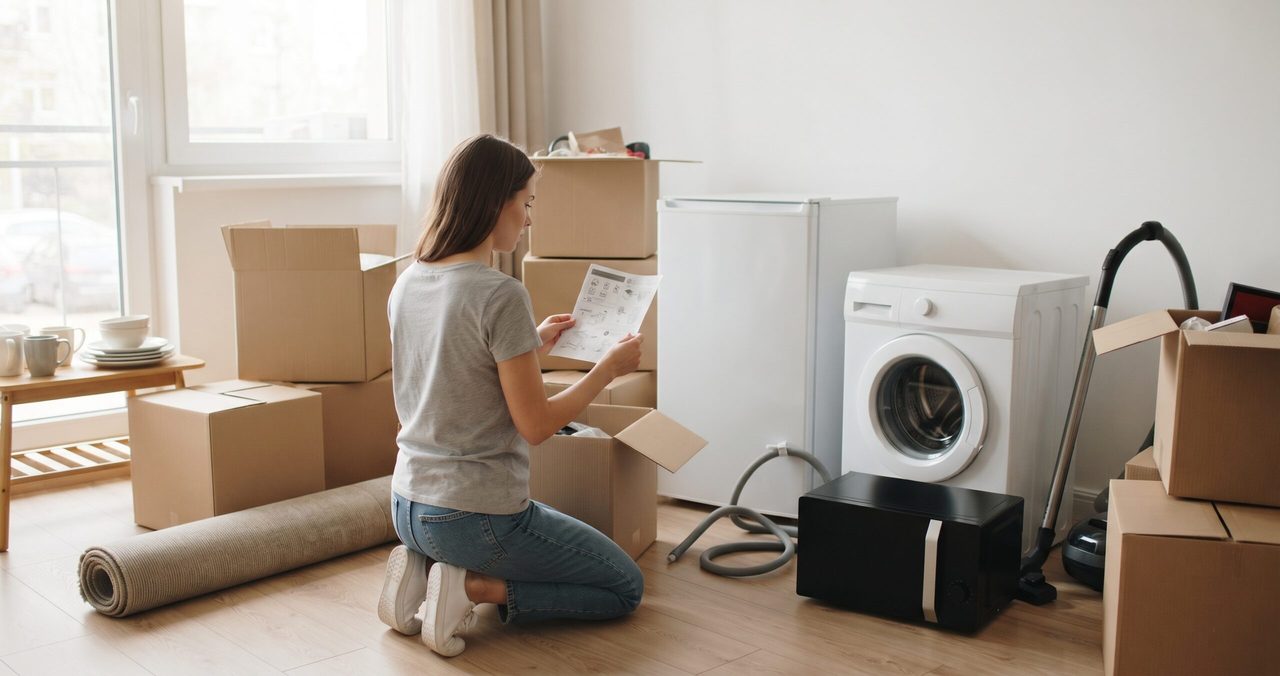メモを見ながら、洗濯機や掃除機、冷蔵庫の前で段ボールを整理する女性