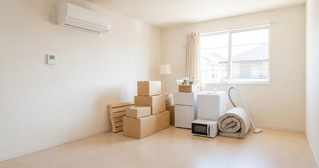 エアコンの付いた壁と、段ボール箱、洗濯機、丸めた寝具が置かれた、人のいない部屋
